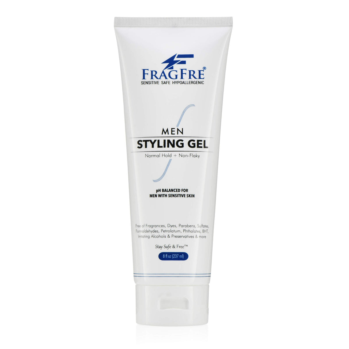 FRAGFRE men’s hair gel bottle showcases fragrance-free formula for all-day hold.