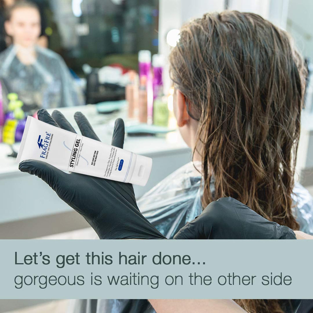 FRAGFRE paraben-free, sulfate-free gel supports gentle styling.