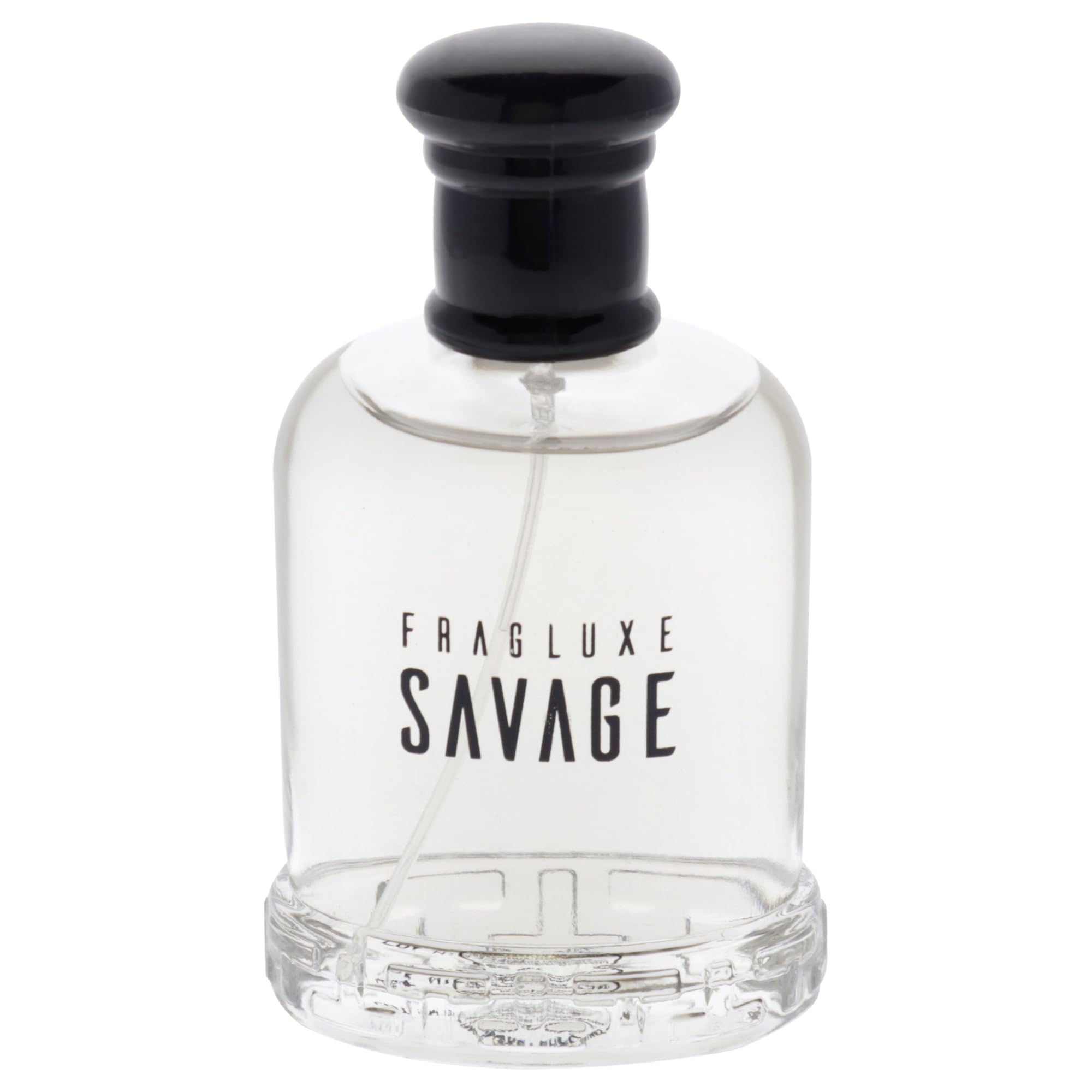 Fragluxe Savage for Men bottle closeup label showing citrus notes in action