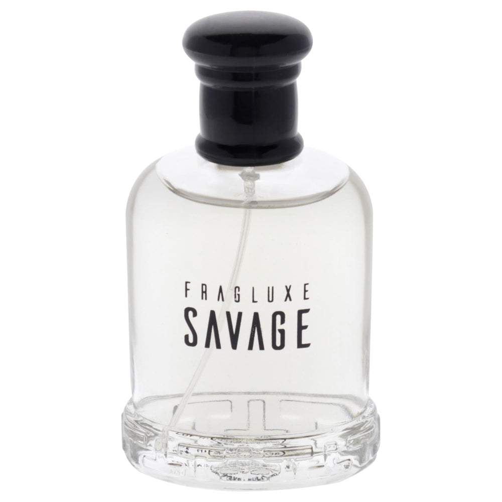 Fragluxe Savage for Men bottle closeup label showing citrus notes in action