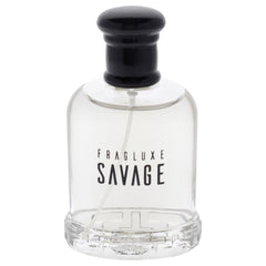 Fragluxe Savage for Men bottle closeup label showing citrus notes in action