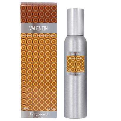 Fragonard Valentin 100ml spray bottle, top view, suited for special occasions.