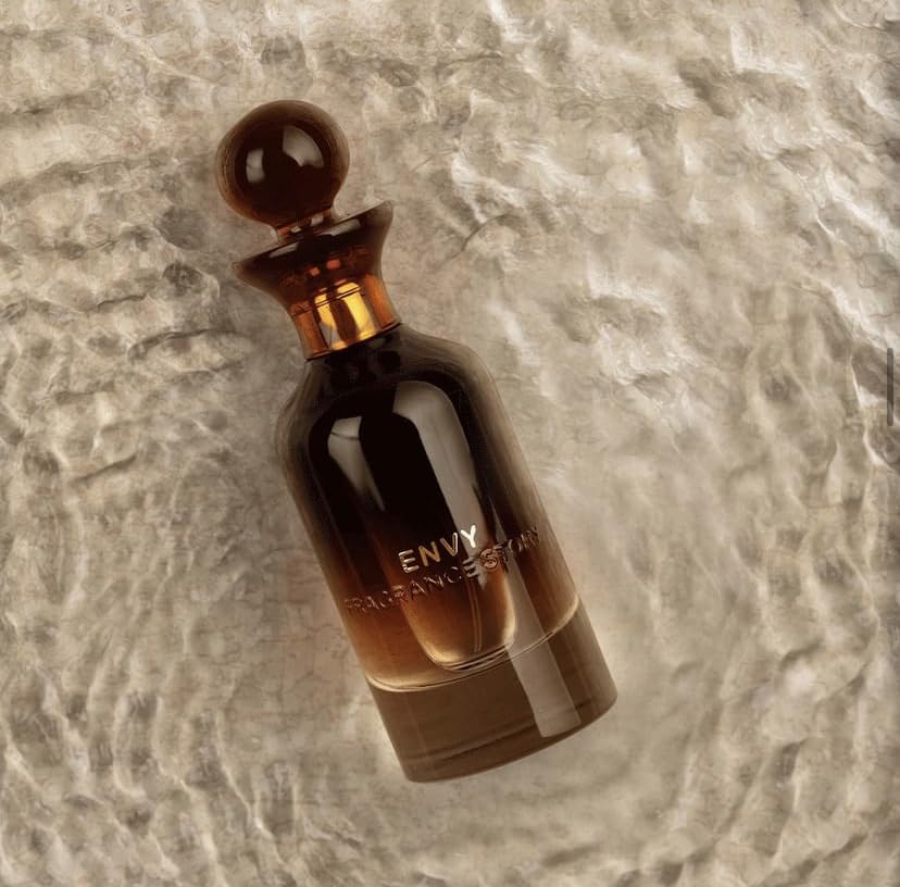 Fragrance Story ENVY bottle back view, long-lasting citrus fragrance for evening wear