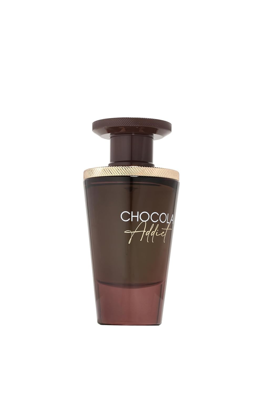 Fragrance World French Avenue Chocola Addict bottle-cap close-up emphasizes luxury packaging.