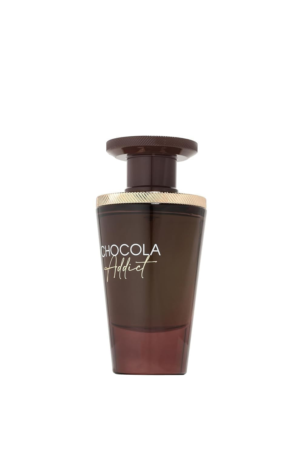 Fragrance World French Avenue Chocola Addict amber-glow bottle captures warm gourmand vibe.