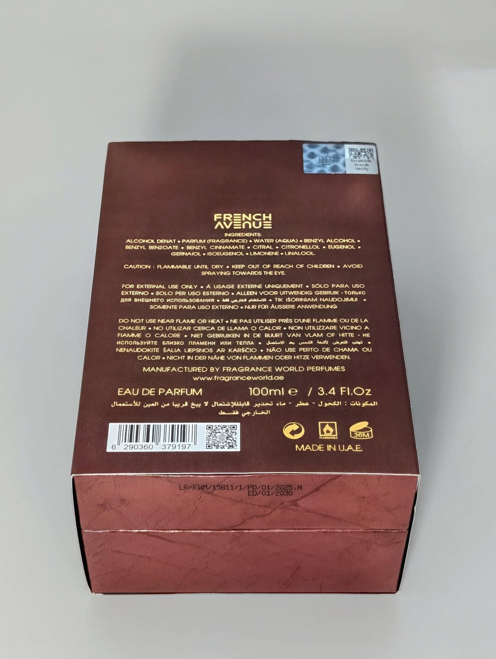 Fragrance World French Avenue Chocola Addict packaging display suggests gift-ready appeal.