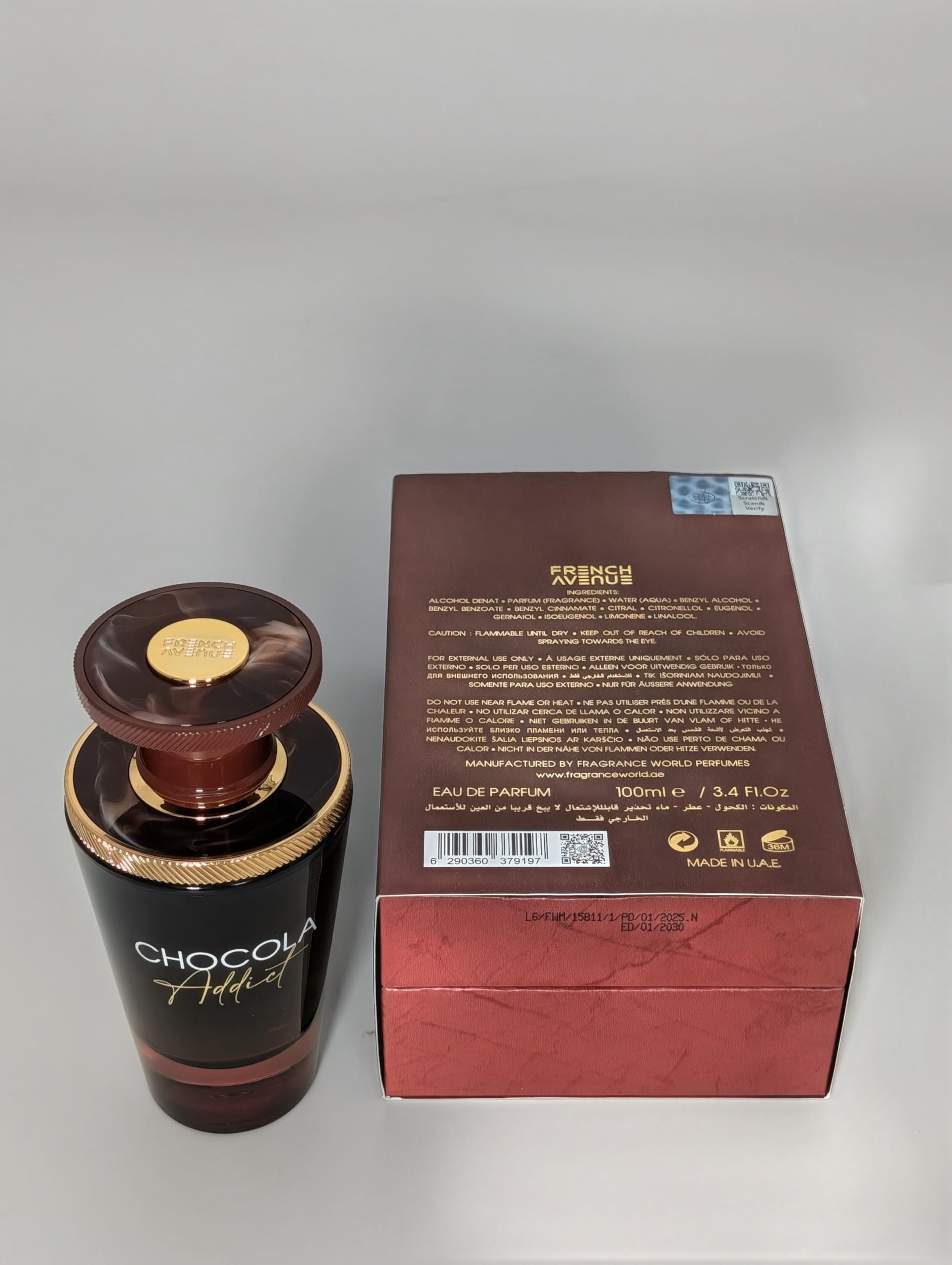 Fragrance World French Avenue Chocola Addict incense glow highlights smoky sophistication.
