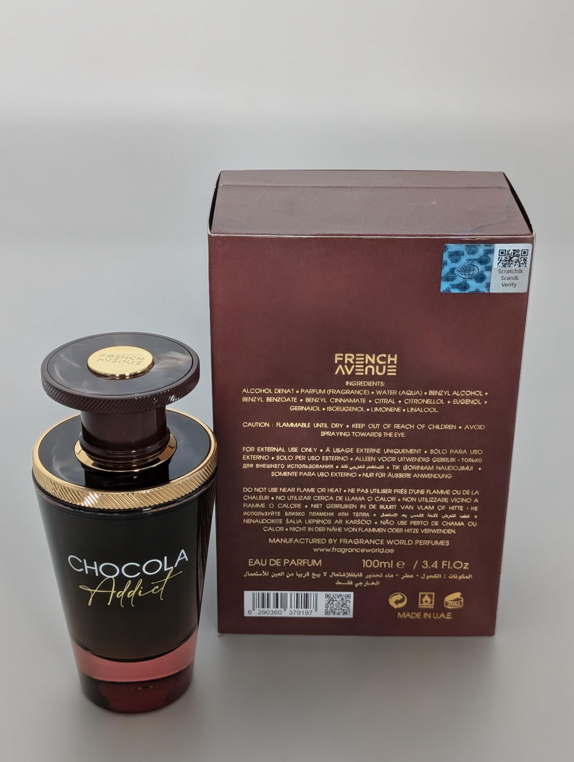 Fragrance World French Avenue Chocola Addict bottle on shelf conveys unisex luxury.