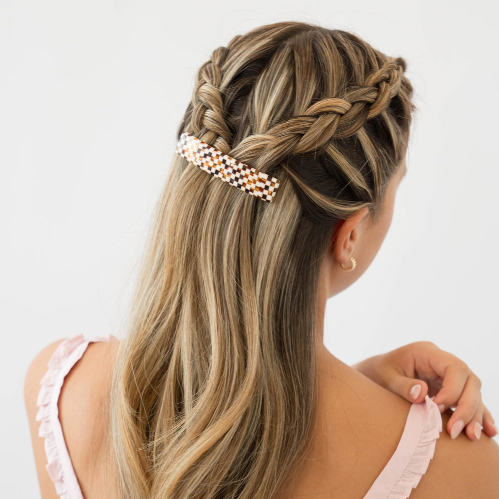 France Luxe checkered barrette ivory and amber pattern adds versatility.