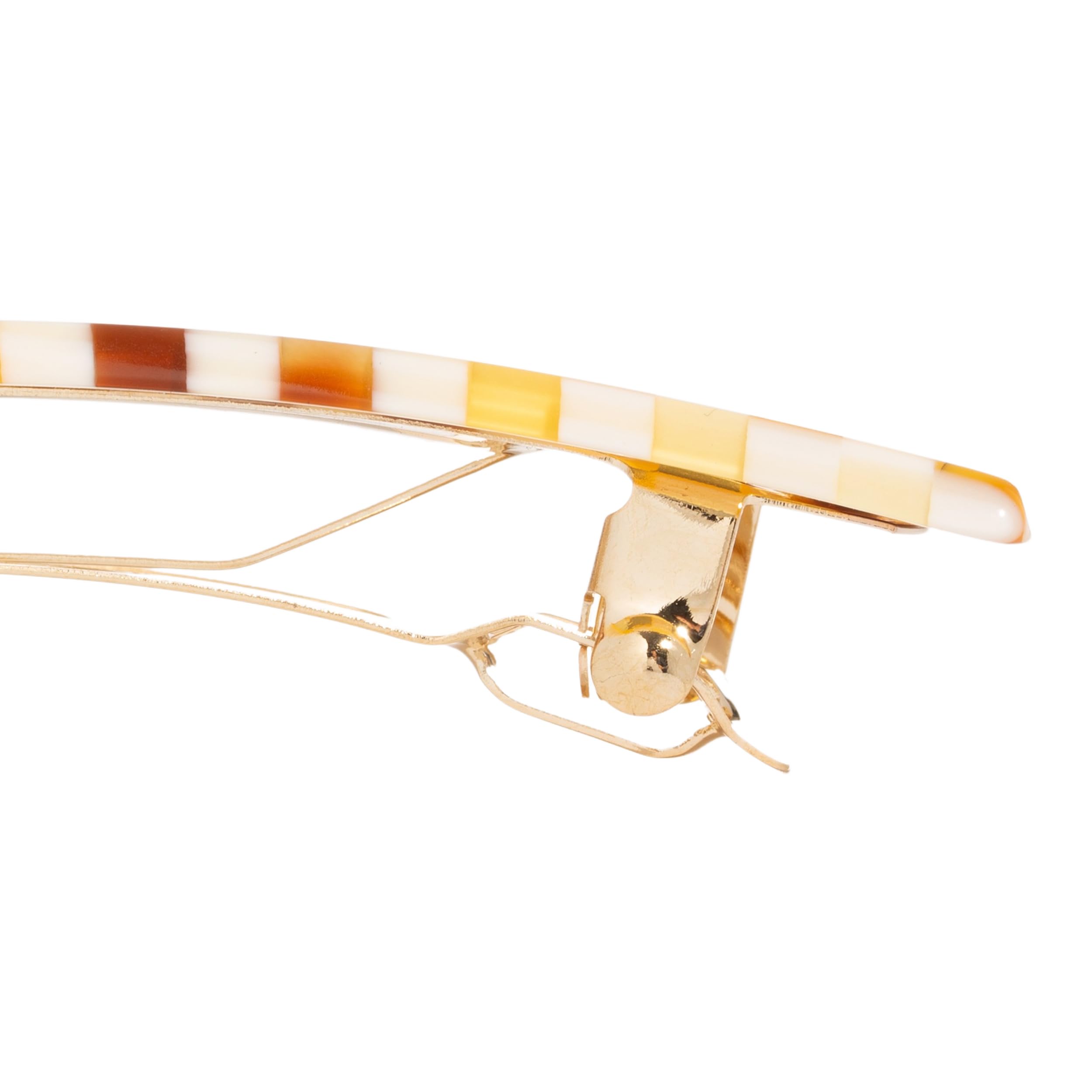 France Luxe checkered barrette securely clasps thin hair at work.