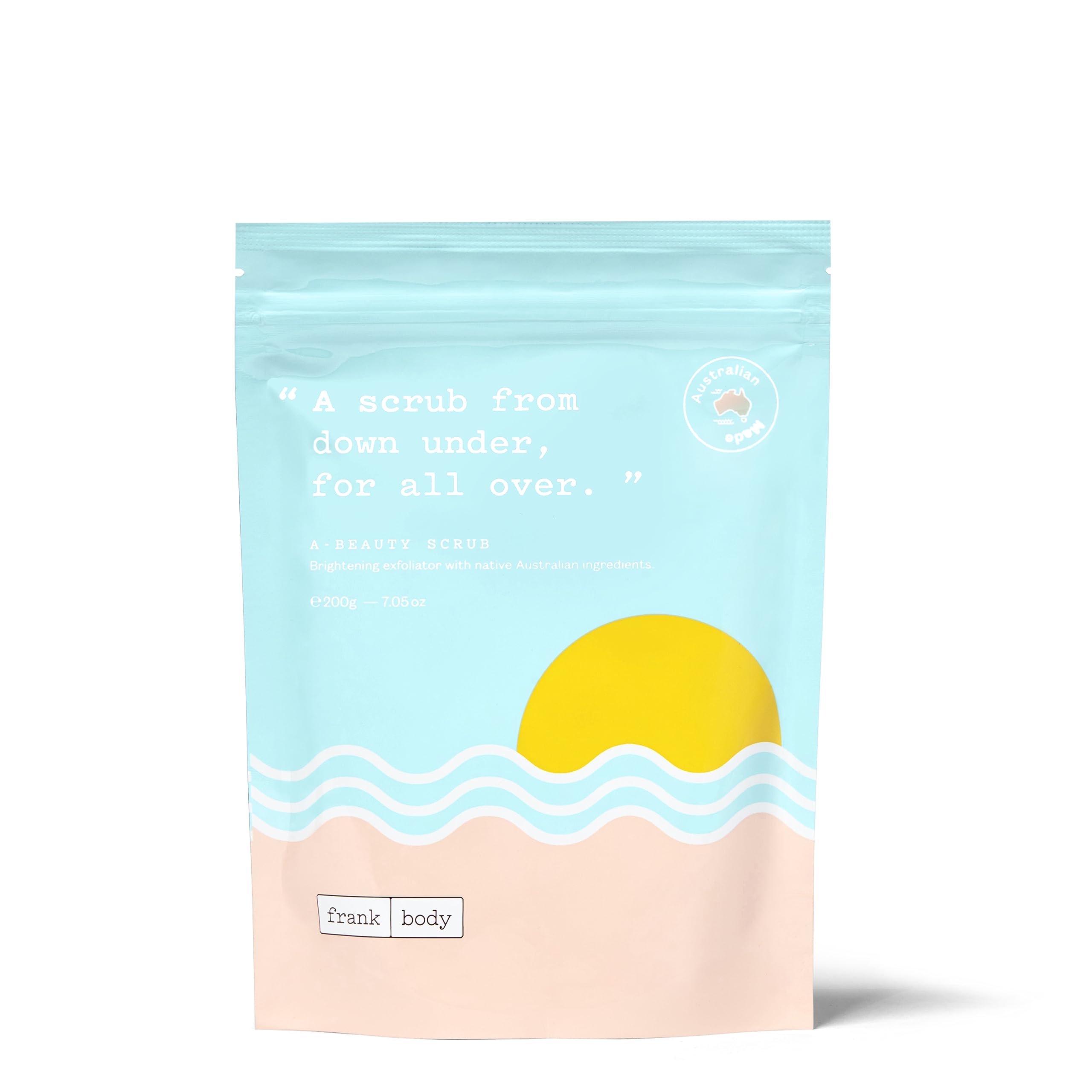 Frank Body A-Beauty Scrub jar closeup highlighting exfoliation for smoother skin