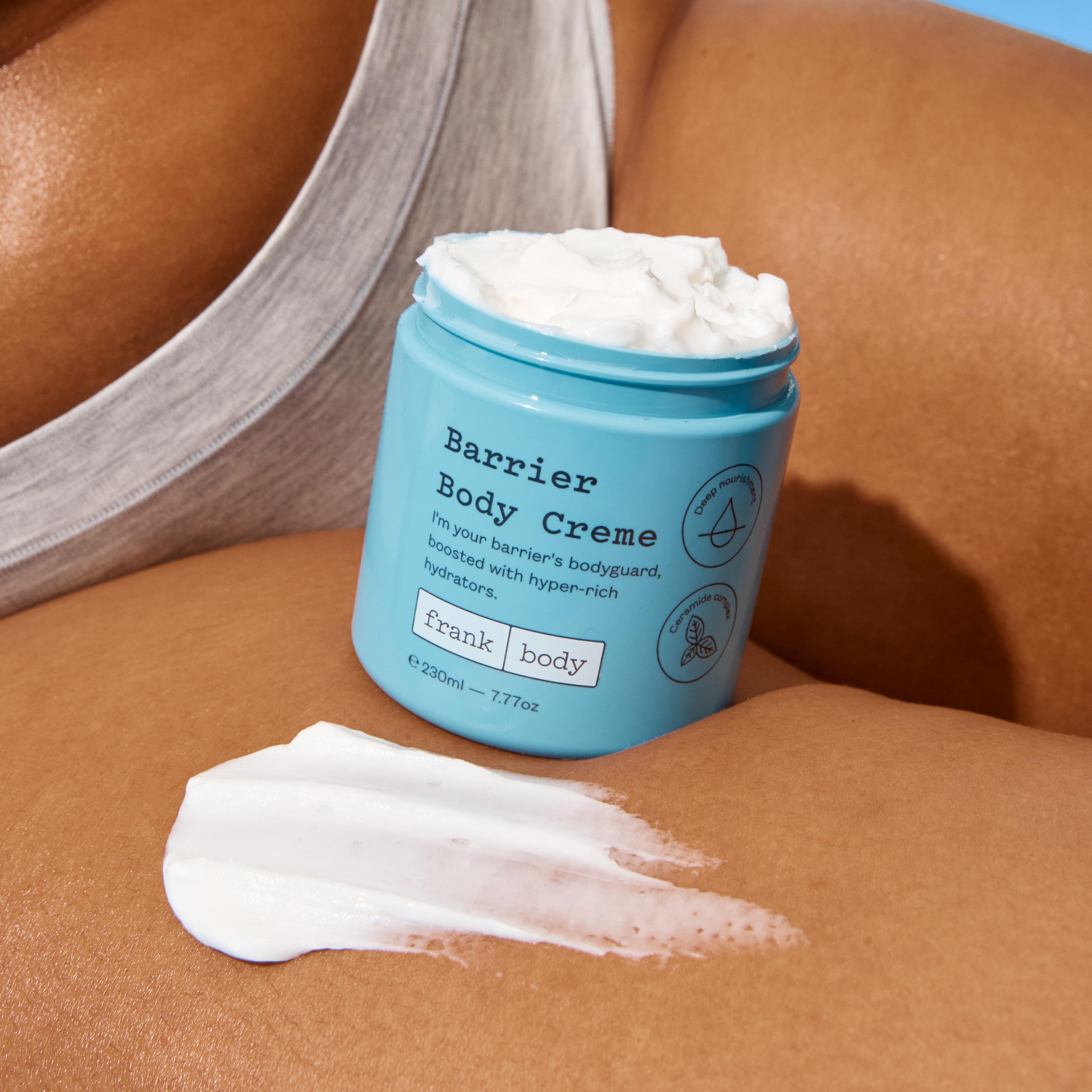 frank body Barrier Body Cream being applied on forearm for comfort sensation