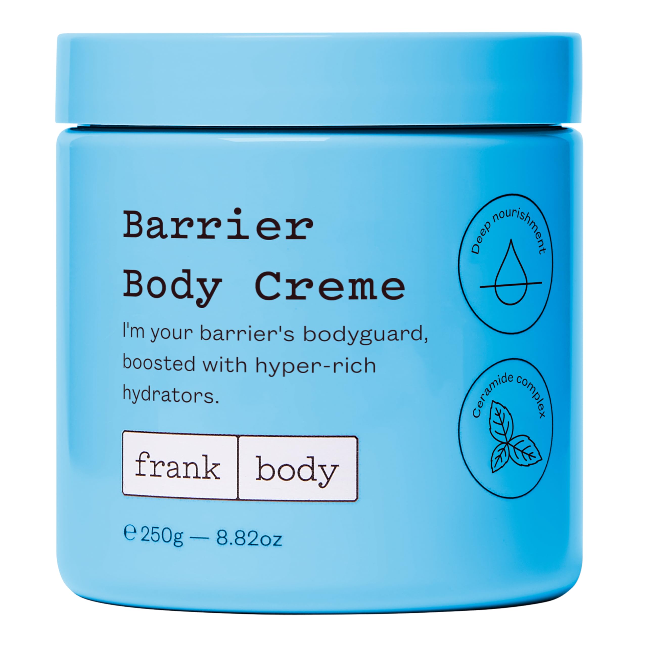 frank body Barrier Body Cream jar close-up showing peach scent and deep hydration