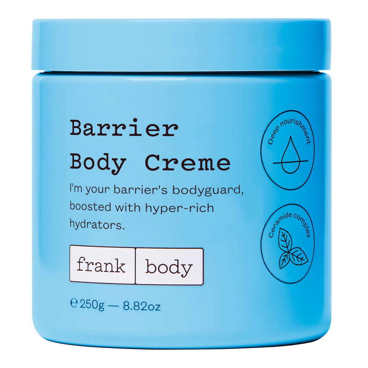 frank body Barrier Body Cream jar close-up showing peach scent and deep hydration