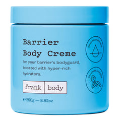 frank body Barrier Body Cream jar close-up showing peach scent and deep hydration
