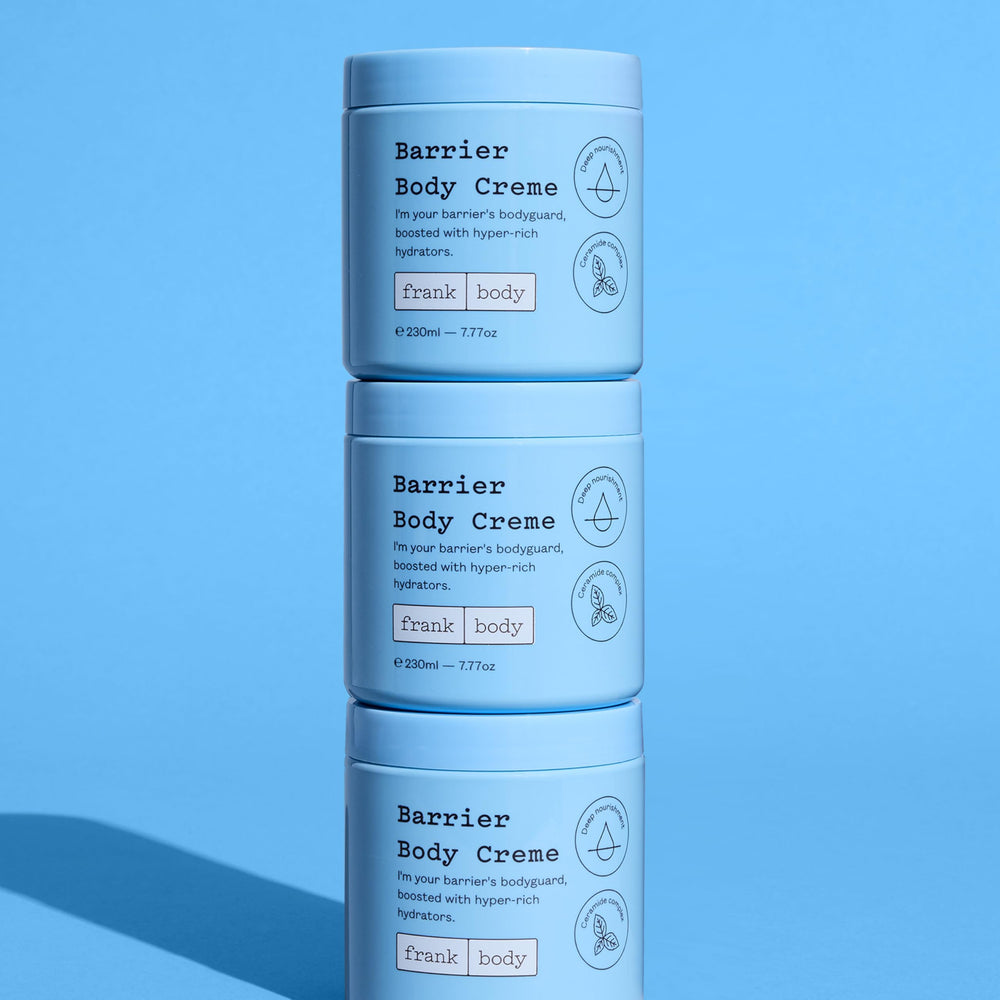 frank body Barrier Body Cream packaging featuring peach notes and comfort