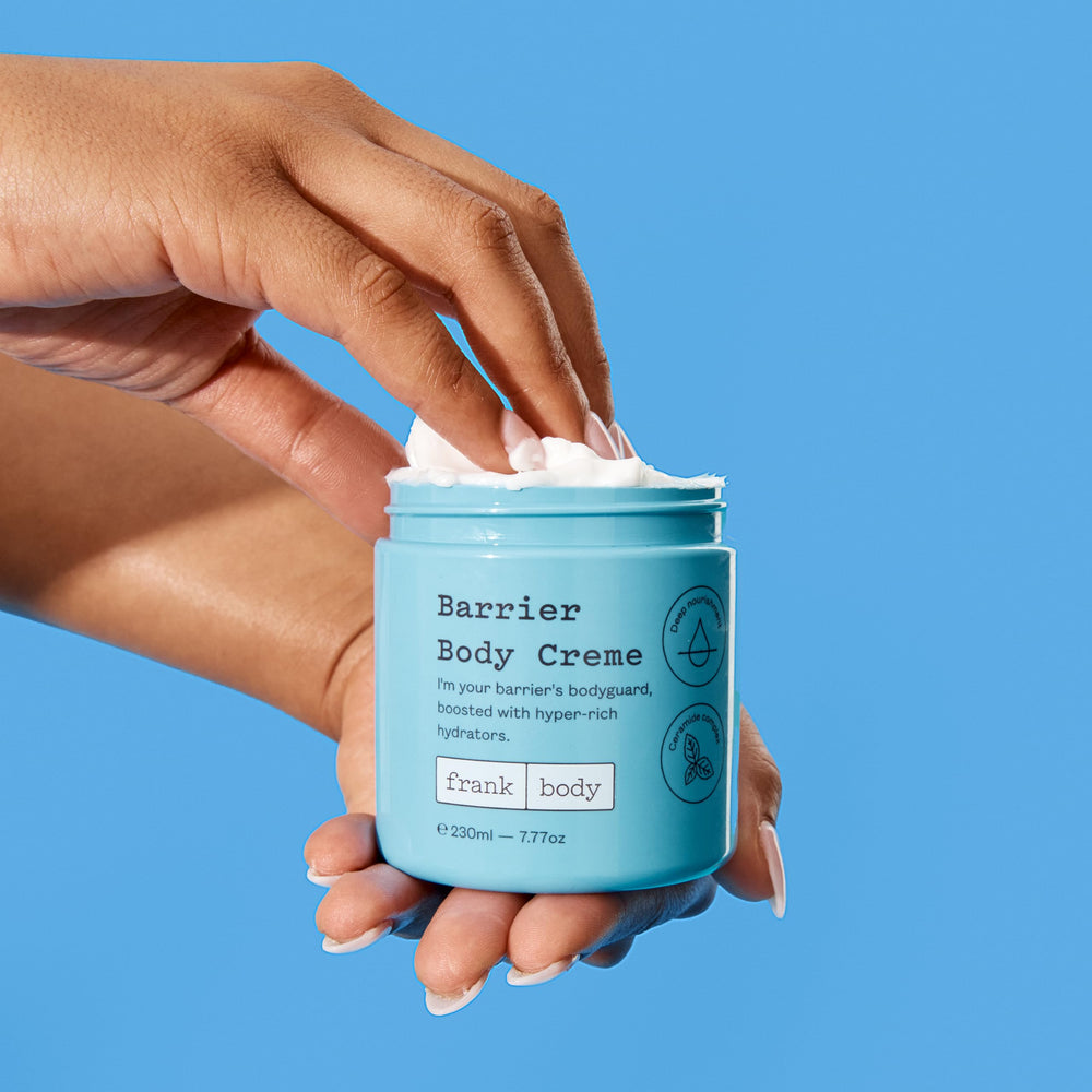 frank body Barrier Body Cream peach scent on skin for daily moisturization