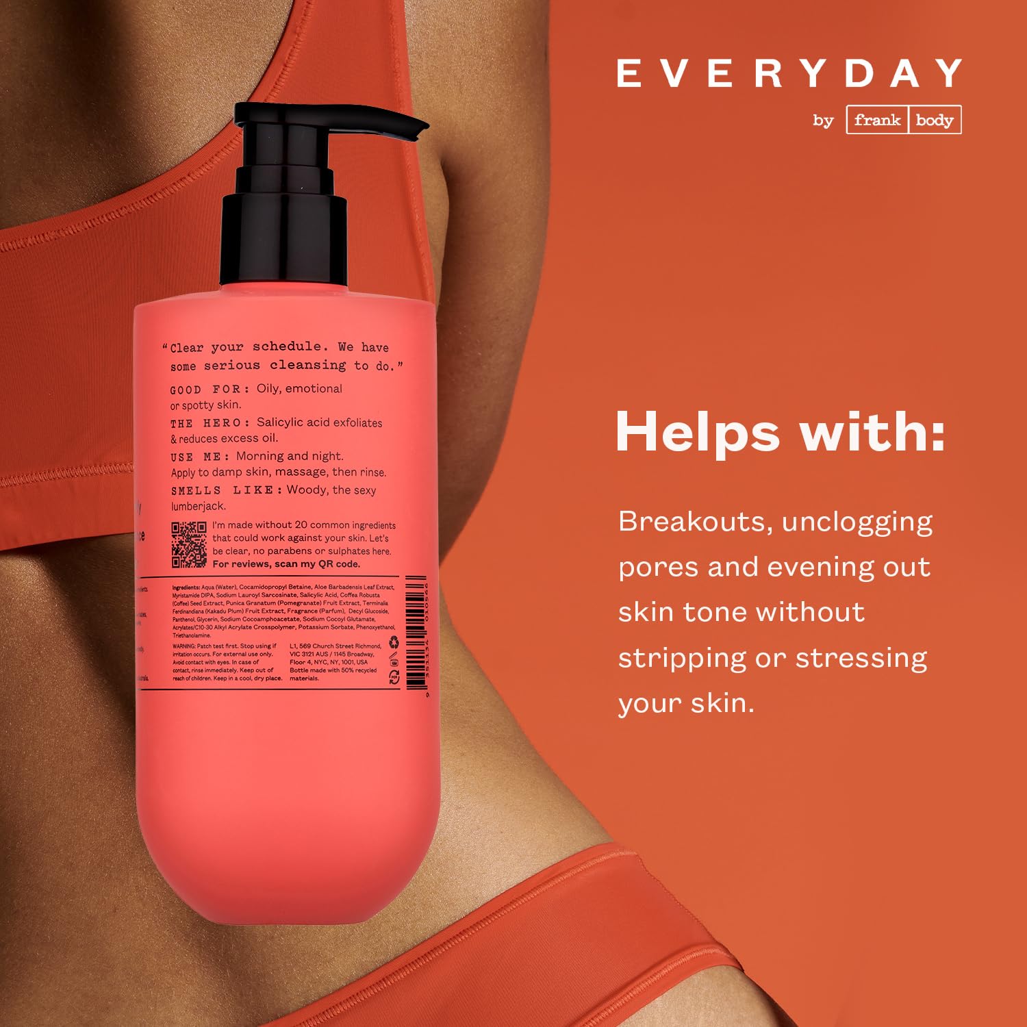 Product display of frank body Clearing Body Wash with precise pour action