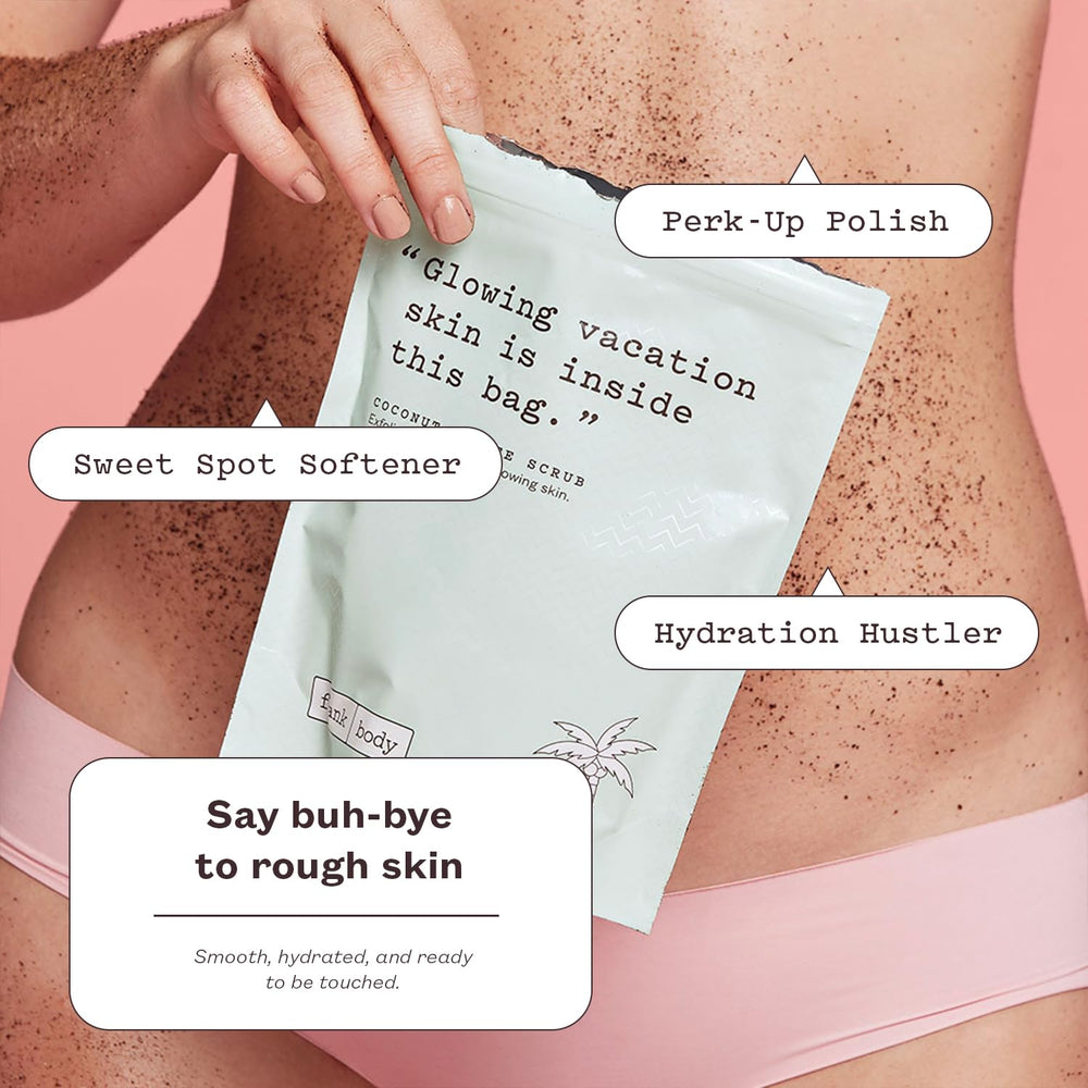 Frank Body Coconut Coffee Scrub with coffee grains and jojoba beads for smoother skin.