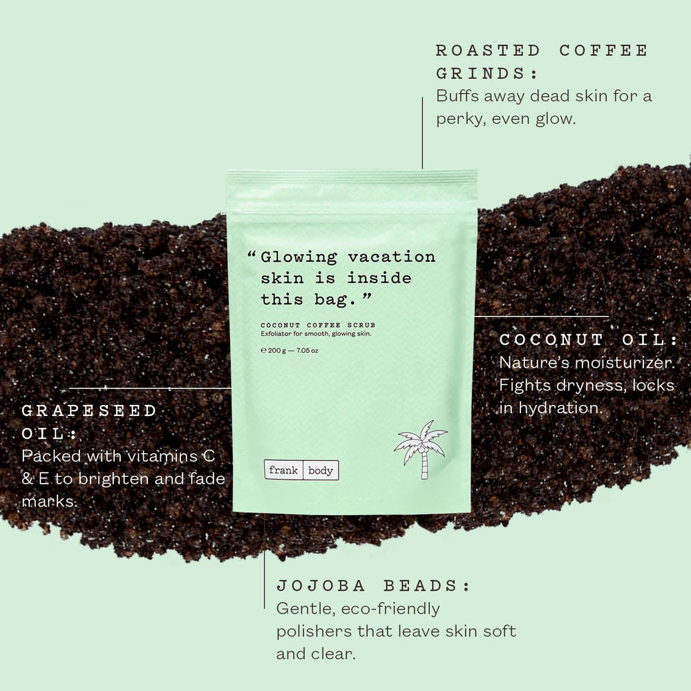 Frank Body Coconut Coffee Scrub texture close-up highlights exfoliating grains.