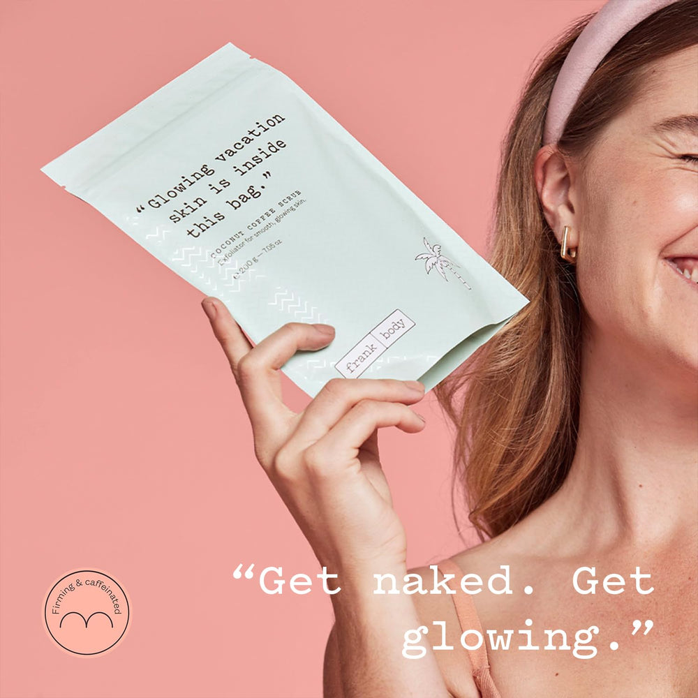 Frank Body Coconut Coffee Scrub vegan cruelty-free label display.