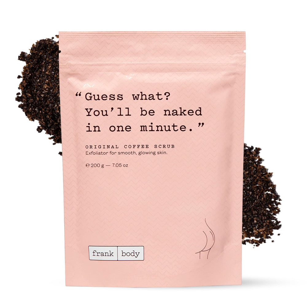Frank Body Original Coffee Scrub packaging highlights a natural exfoliation ritual with vegan formula.