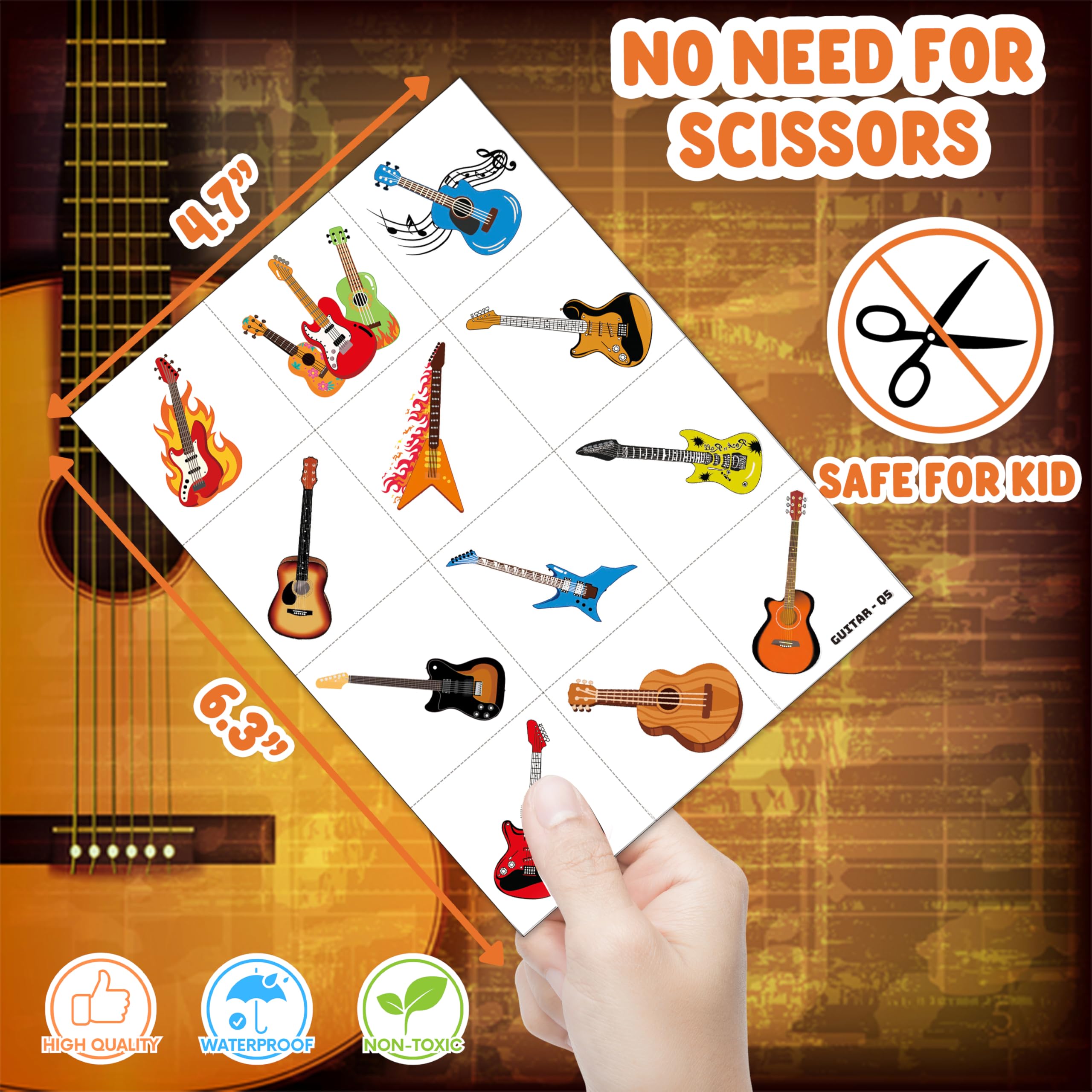 Frawharmone Love Guitar tattoos sheet provides easy-to-use temporary art for arms.