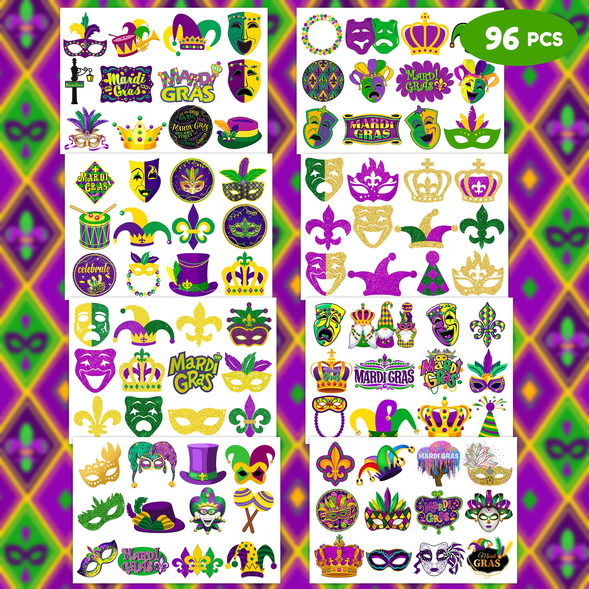 Frawharmone Mardi Gras mask-pattern tattoos add festive flair for kids