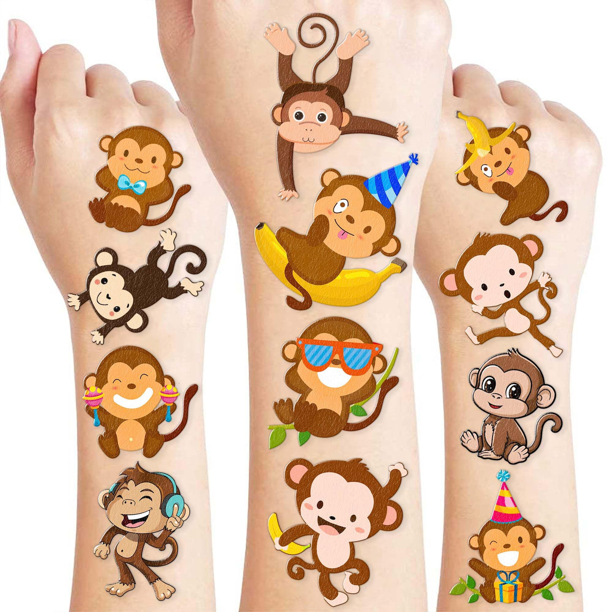 Frawharmone monkey tattoos: six sheets of jungle designs for party favors.