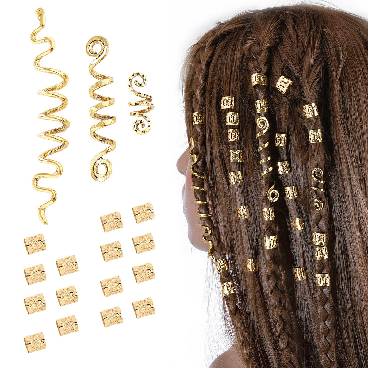 FRDTLUTHW gold dreadlock beads decorating braided hair for an elegant look
