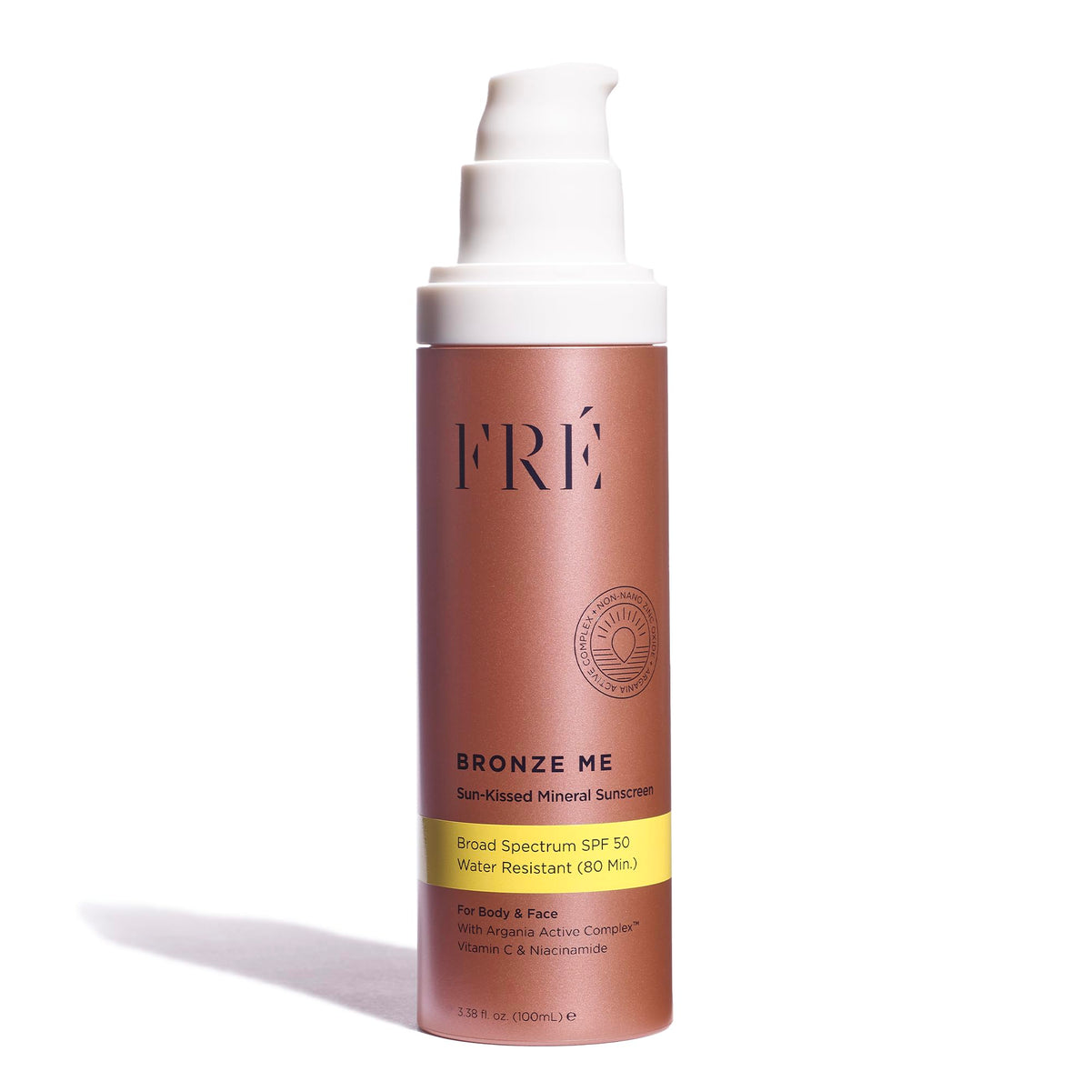 FRÉ Bronze Me SPF 50 bottle front view, tinted mineral sunscreen for everyday protection.