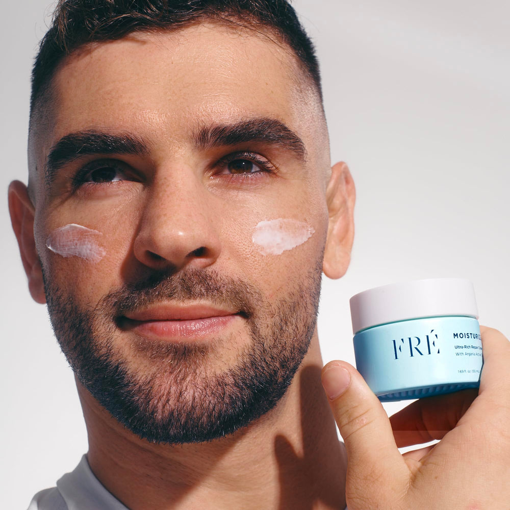FRÉ clean beauty glass jar packaging, cruelty-free label visible.