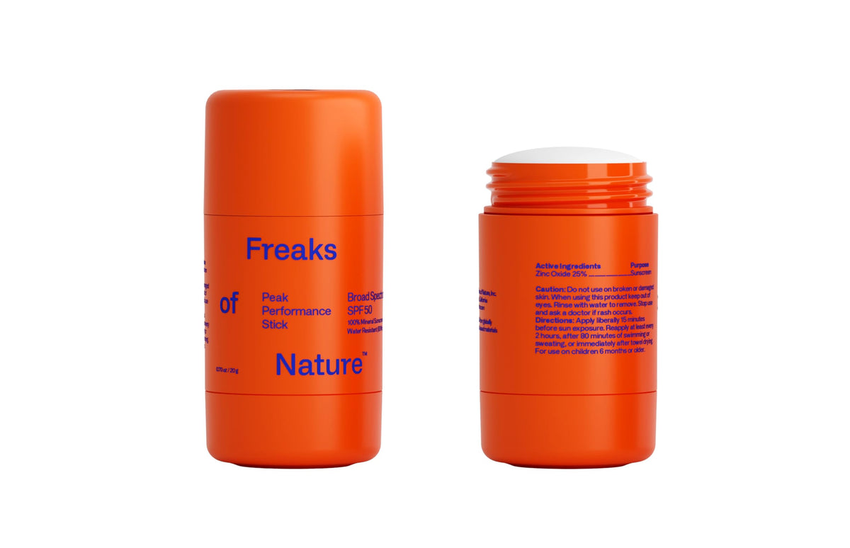 Freaks of Nature Peak Performance Sun Stick twist application for easy mineral SPF 50 coverage.