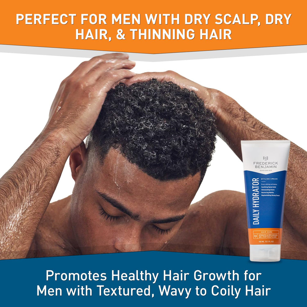 Frederick Benjamin Daily Hydrator hands applying product for light hold and non greasy finish