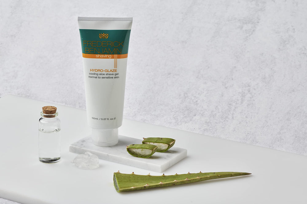 Frederick Benjamin Natural Shave Gel application demonstrates even coverage for a precise, comfortable shave.