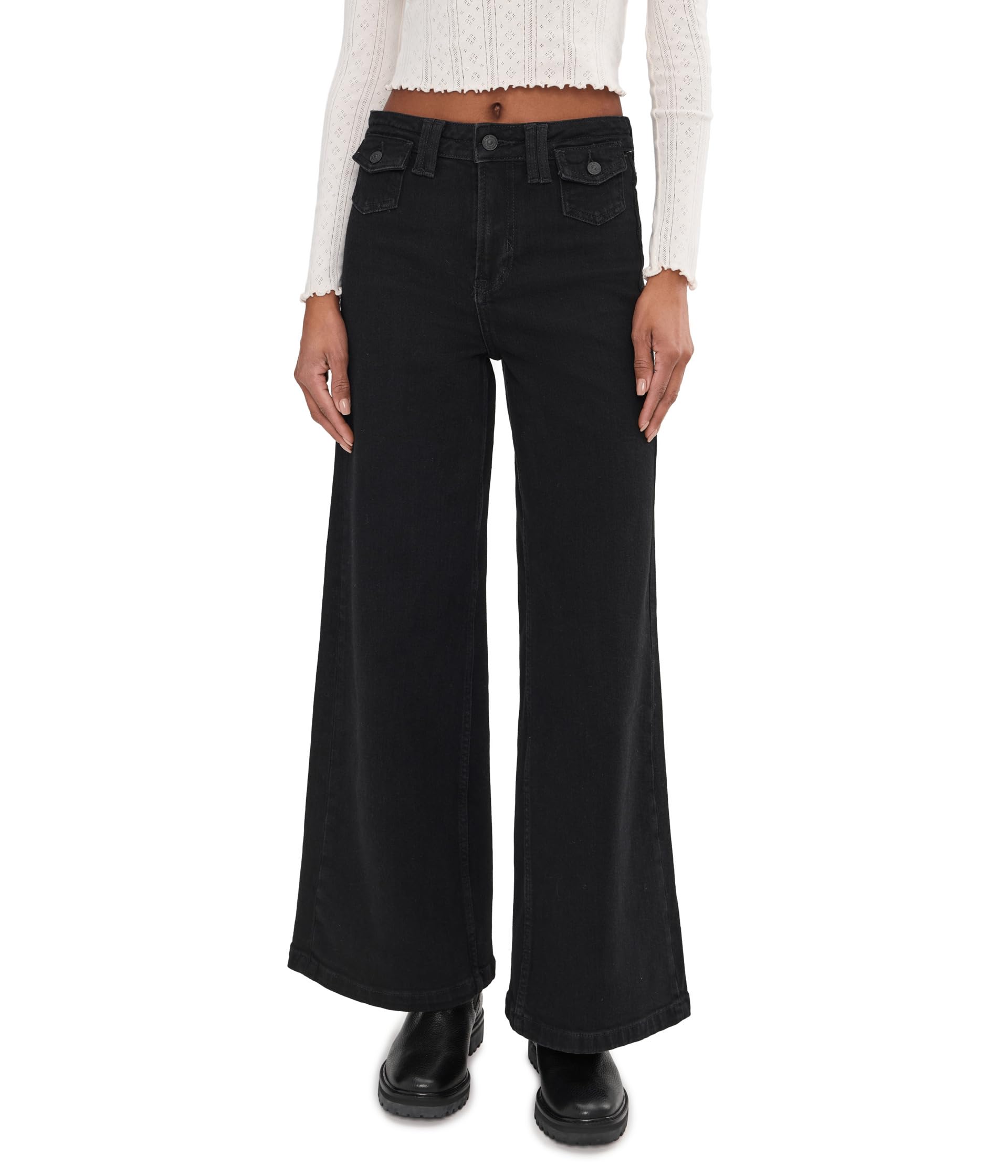 Free People Kellee High-Rise Palazzo front view in Black Eyeliner, breathable comfort for all-day wear.