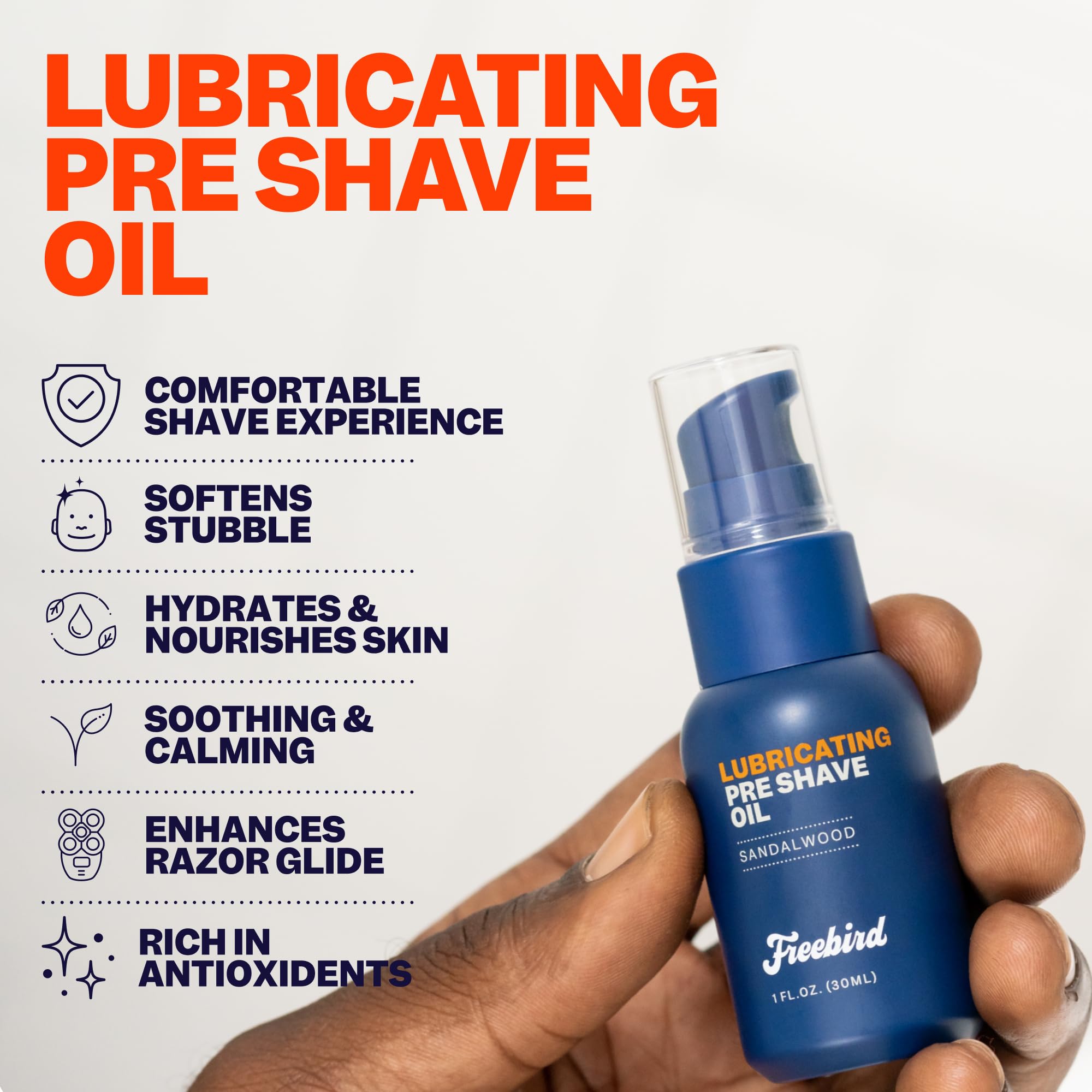 Freebird Pre-Shave Oil bottle highlights sandalwood-infused skin prep for a smooth shave.
