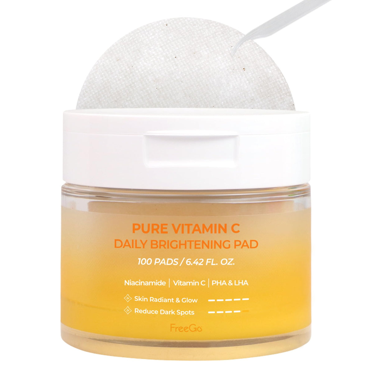 FreeGo Pure Vitamin C Pad pack shows a brightening formula for even tone