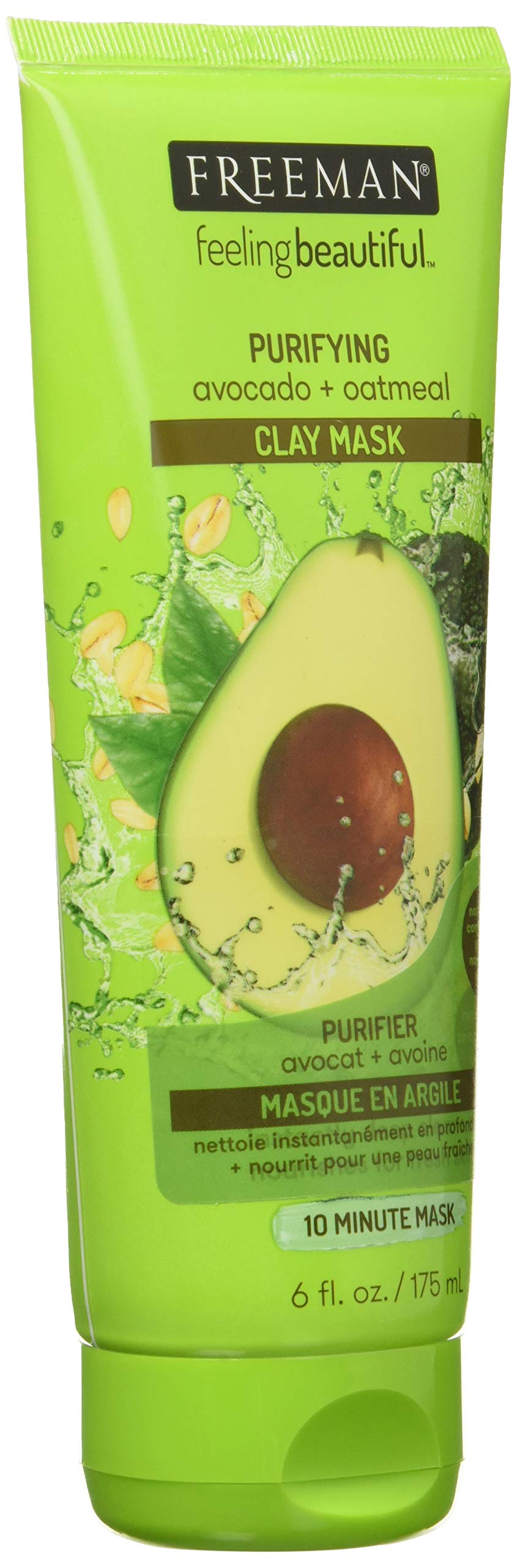 Freeman avocado oatmeal masque on face, clay-based purification formula.