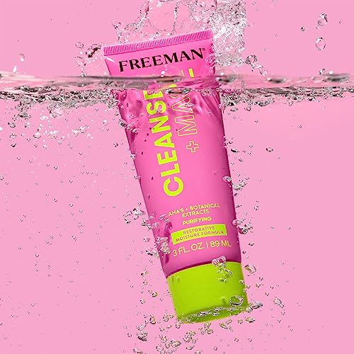 Freeman Cleanser + Mask rinse-off with water droplets shows refreshing finish.