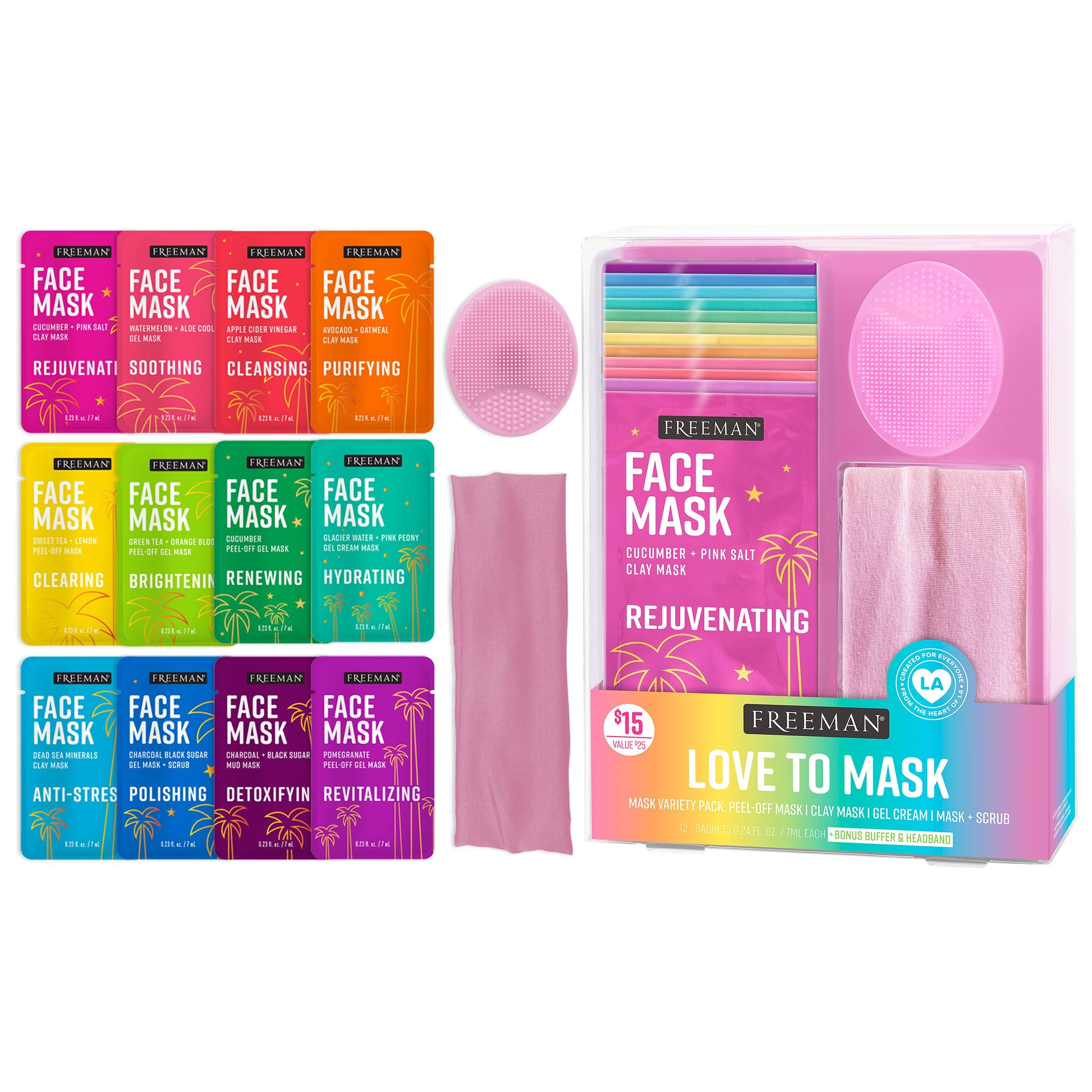 Freeman Love to Mask 14-piece kit back view with headband for at-home skincare.