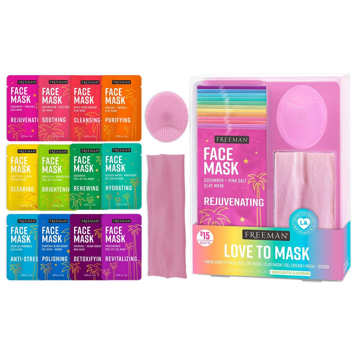Freeman Love to Mask 14-piece kit back view with headband for at-home skincare.