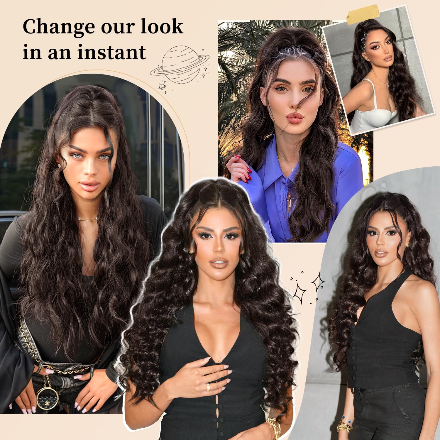 Fluffy curling process creates voluminous waves with FREEMEIGE ponytail.