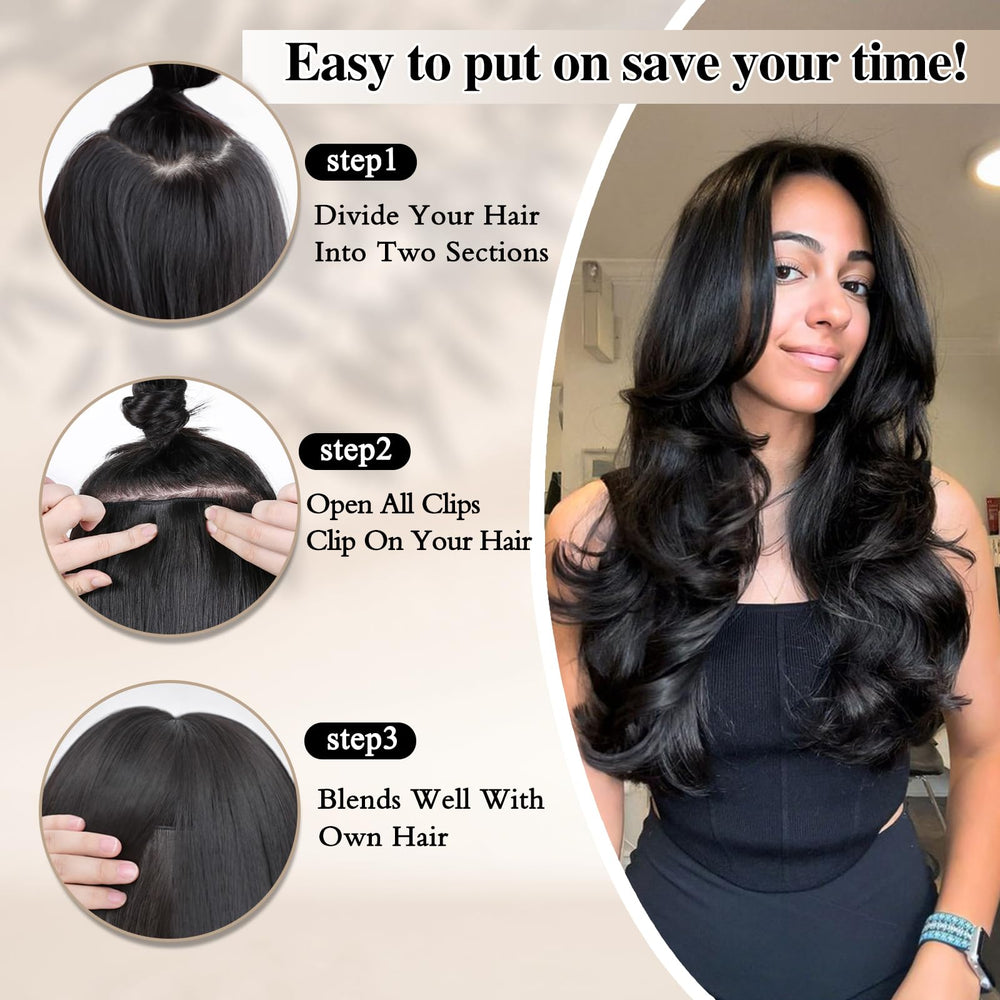 FREEMEIGE black clip-ins blending with dark hair for seamless integration.