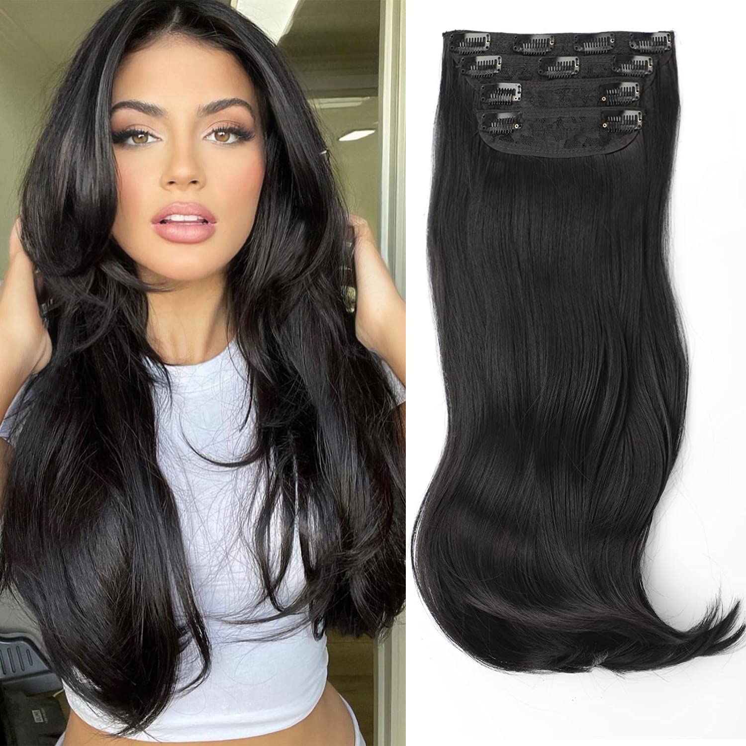 FREEMEIGE clip-in 4-piece 20-inch set showing layered volume for a natural look.