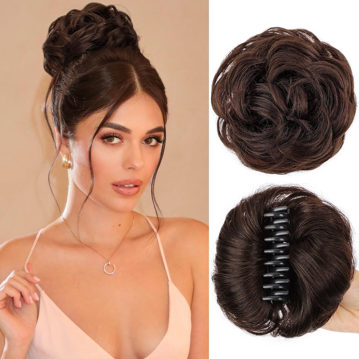 FREEMEIGE messy bun hair piece clip offers instant volume and natural texture.