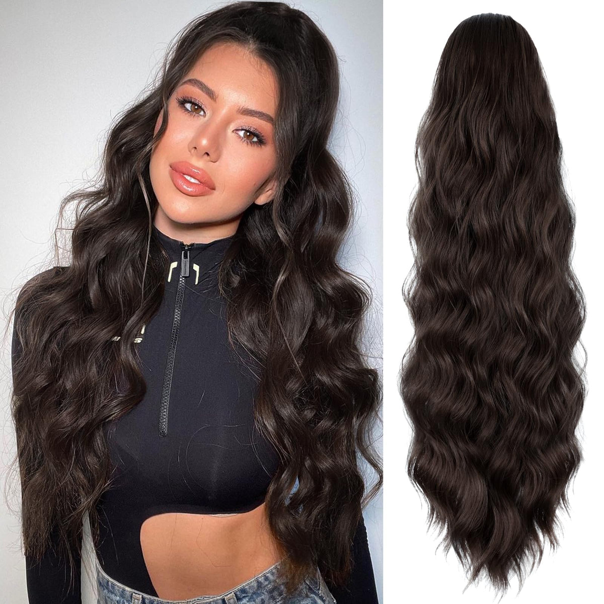 FREEMEIGE 26-inch dark brown wavy ponytail extension for natural fullness.