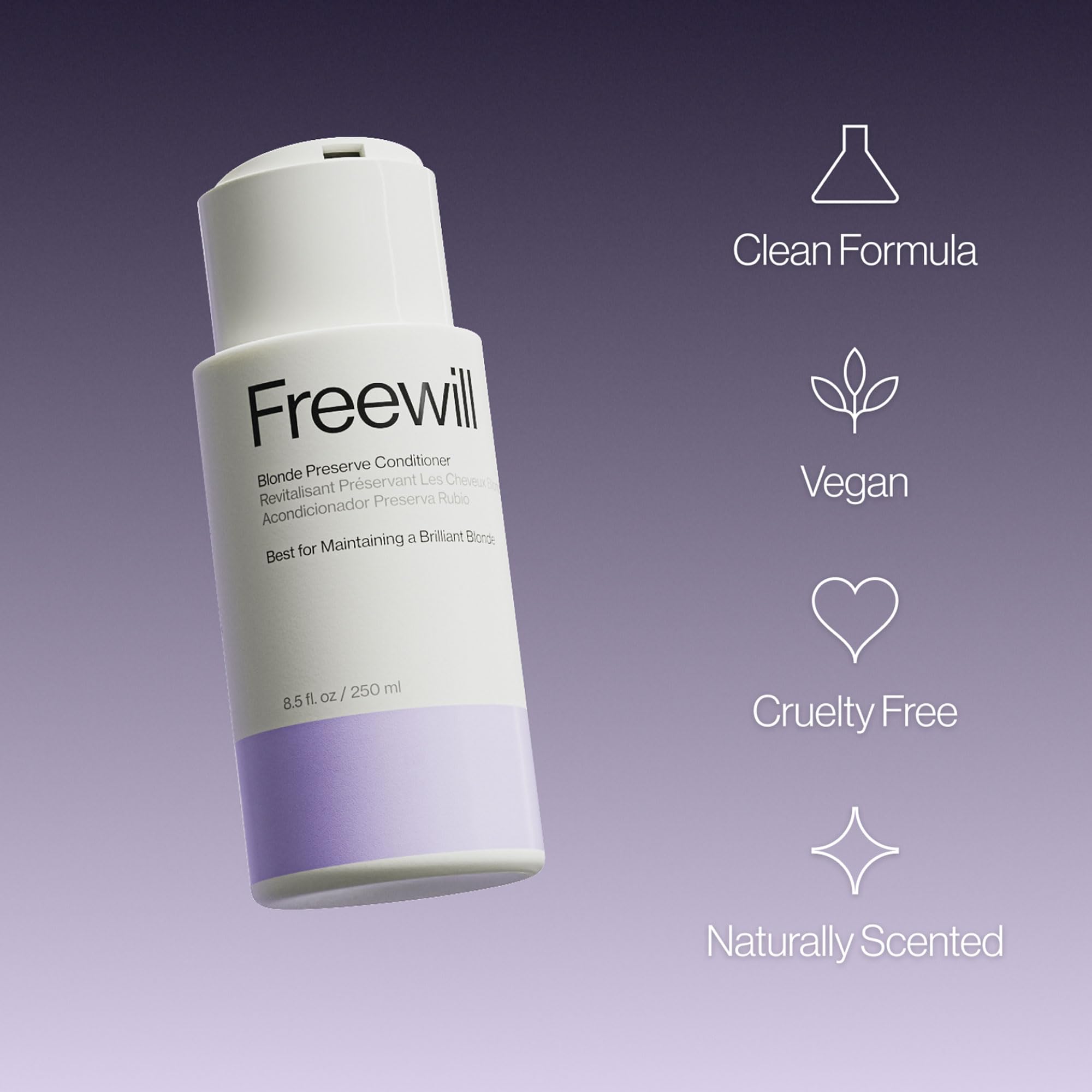 Freewill Blonde Preserve Purple Conditioner jar close-up highlighting violet pigment for cool-tone results