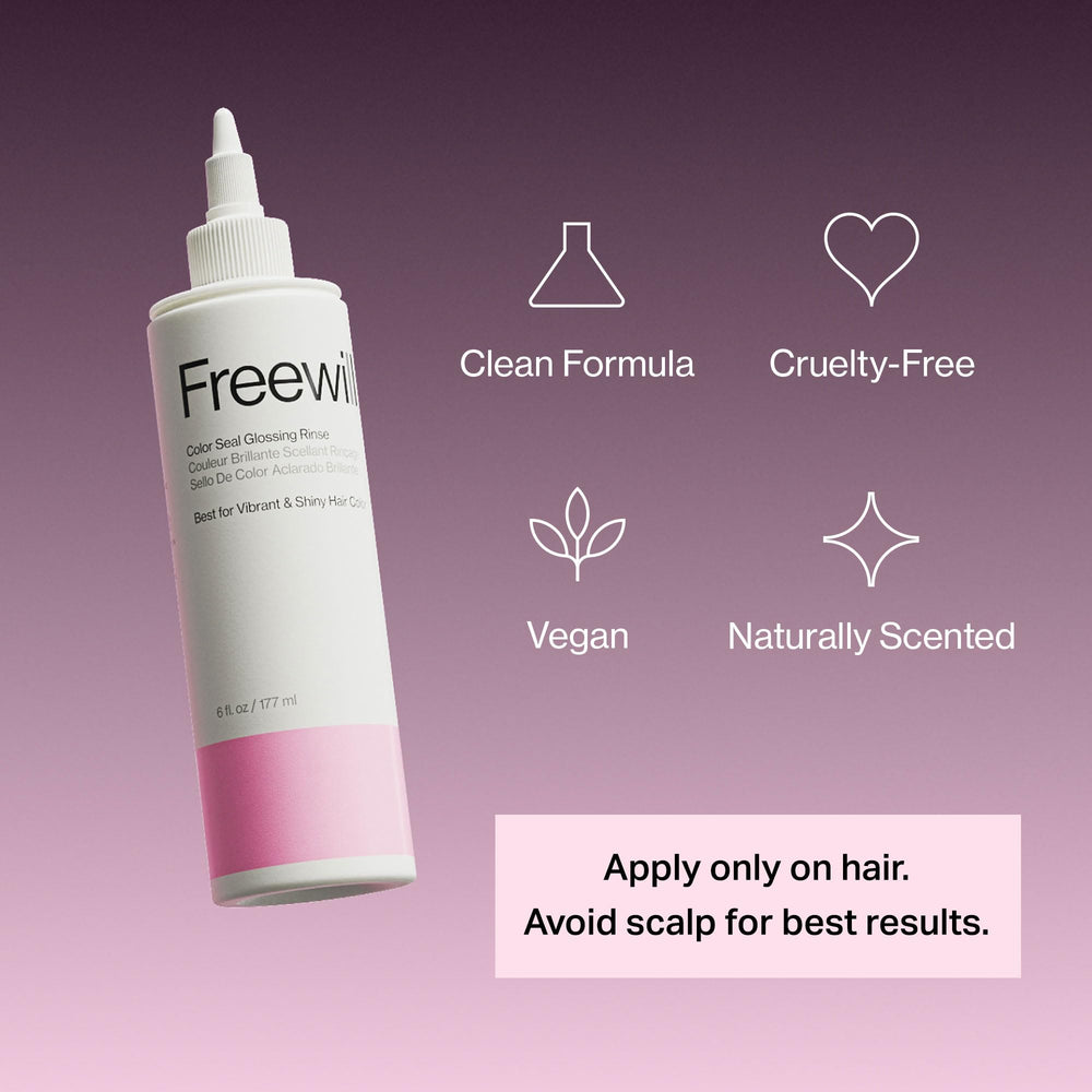 Freewill Color Seal Glossing Rinse application on hair demonstrates easy, even coverage for glossy results