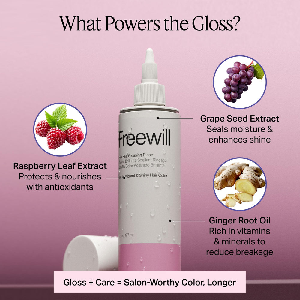 Freewill Color Seal Glossing Rinse highlights color-rich hair with a radiant, mirror-like finish